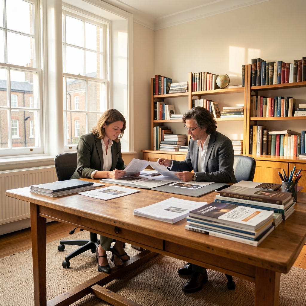 Notebook open on a wooden desk with a handwritten weekly meal plan beside a cup of tea and seasonal herbs in soft morning daylight