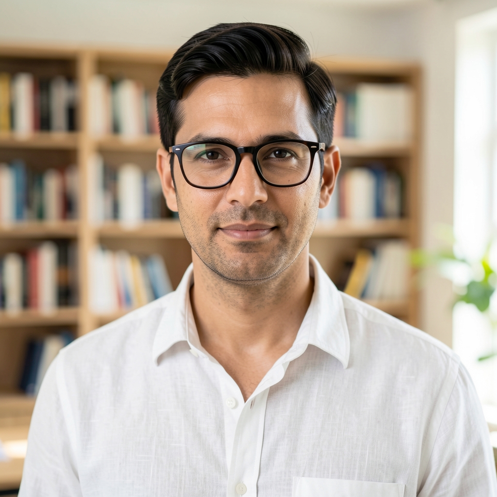 Editorial portrait of a man in his early forties with dark hair and glasses, wearing a linen shirt, photographed in a bright editorial office with bookshelves visible in soft focus behind him