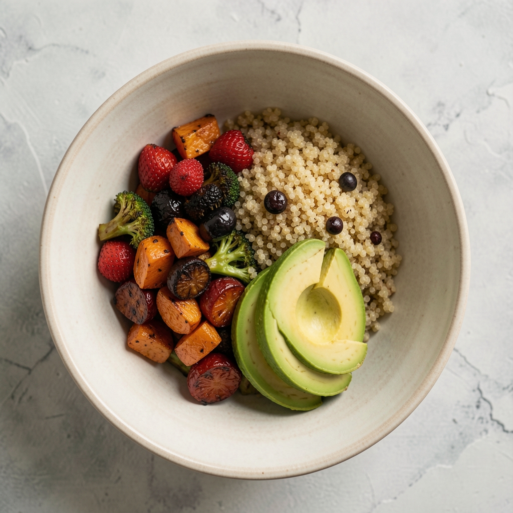 Overhead view of a balanced meal bowl with quinoa, roasted vegetables, avocado, and seeds arranged on a pale ceramic plate on a linen tablecloth